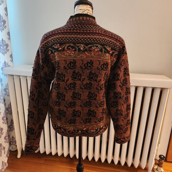 Icelandic Design Floral Fall Colors Wool Zip 90's Cardigan Sweater Jacket, Sz S - Picture 2 of 12
